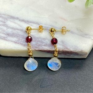 Garnet Moonstone Earrings Stud/ Dangle in 14k gold filled or Sterling Silver